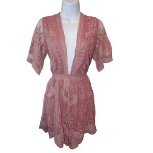 She + Sky Pink Lace Kimono Sleeve Romper Women's Small Festival Beach Cover Up